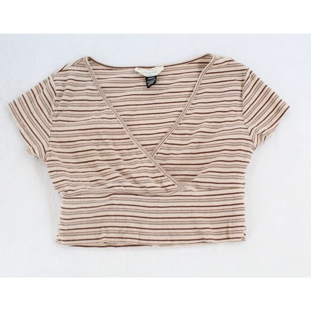 Y2K No Comment Striped Crop Top Wrap Front Short Sleeve Tee Shirt Size M